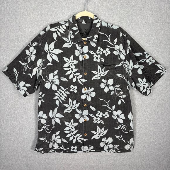 Tommy Bahama Shirt Mens Large Gray Blue Silk Hawaiian‎ Hibiscus Tiki Textured - Picture 1 of 12